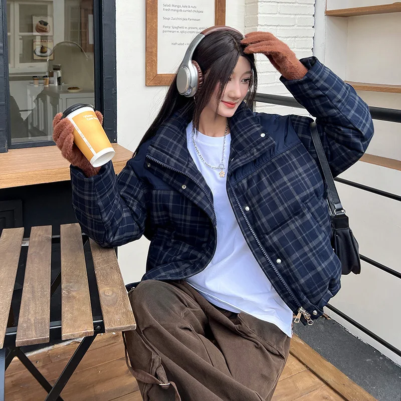 

2025 Autumn Winter Oversize Loose Short Parkas Women Thick Down Cotton Padded Coat Female Fashion Plaid Long Sleeve Jackets