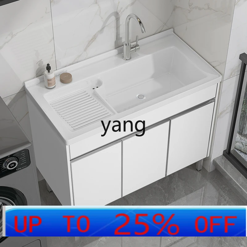 

YJQ Balcony Stainless Steel Laundry Cabinet Laundry Sink with Washboard Ceramic Integrated Basin