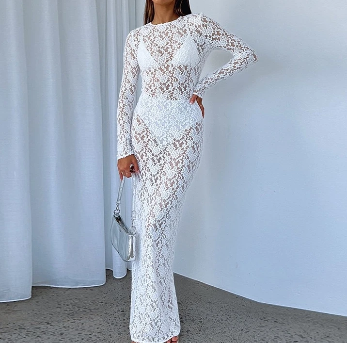 

Fashion Summer Dresses Hollow Lace Pattern Perspective Slim Fit Long Dress Sexy Buttocks Pure Desire Elegant Dresses for Women