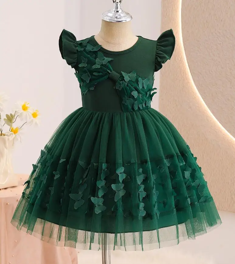 3-10Y Little Kids Toddler Girl Princess Party Dress A Line Decorative Butterfly Crew Neck Flying Sleeve Mesh Lace Dress Costume