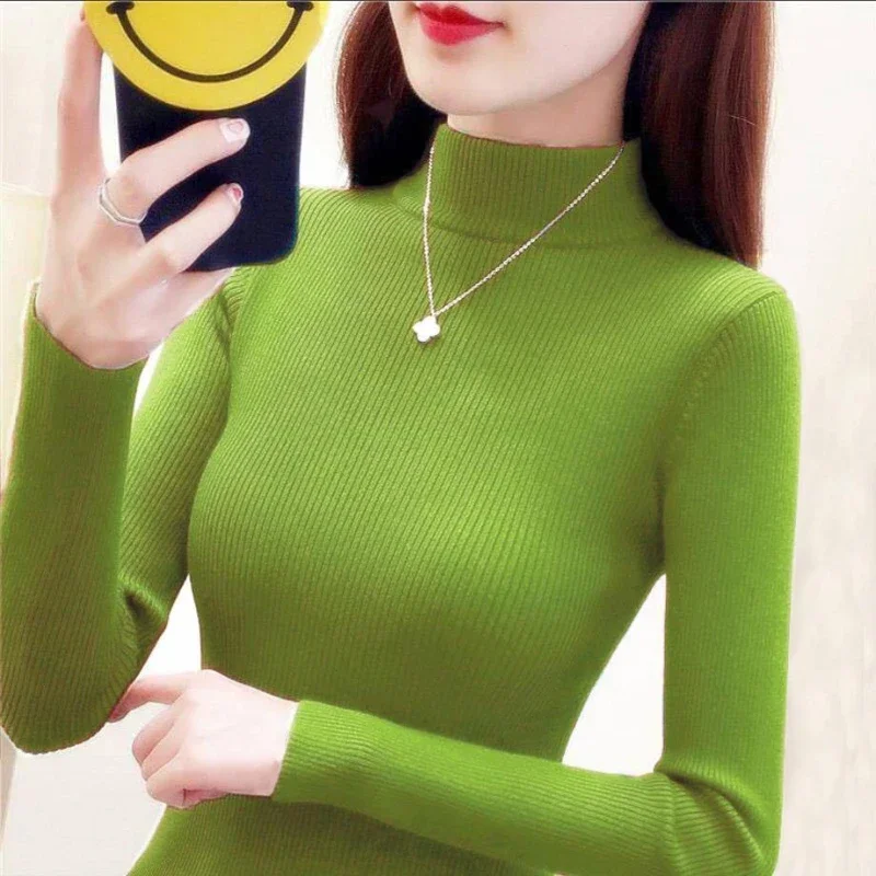 

Spring Fall Knit Pullover Tops Women Korean Slim Soft Long Sleeve Sweaters Casual Design Knitwear Jumper Half Turtleneck Poleras