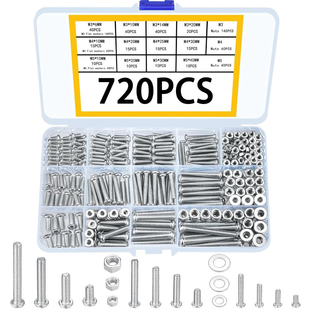 

720 шт. Набор гаек и болтов из углеродистой стали, набор оцинкованных крестообразных винтов с круглой головкой GB818, комбинированный комплект гаек с дисковой головкой, коробка