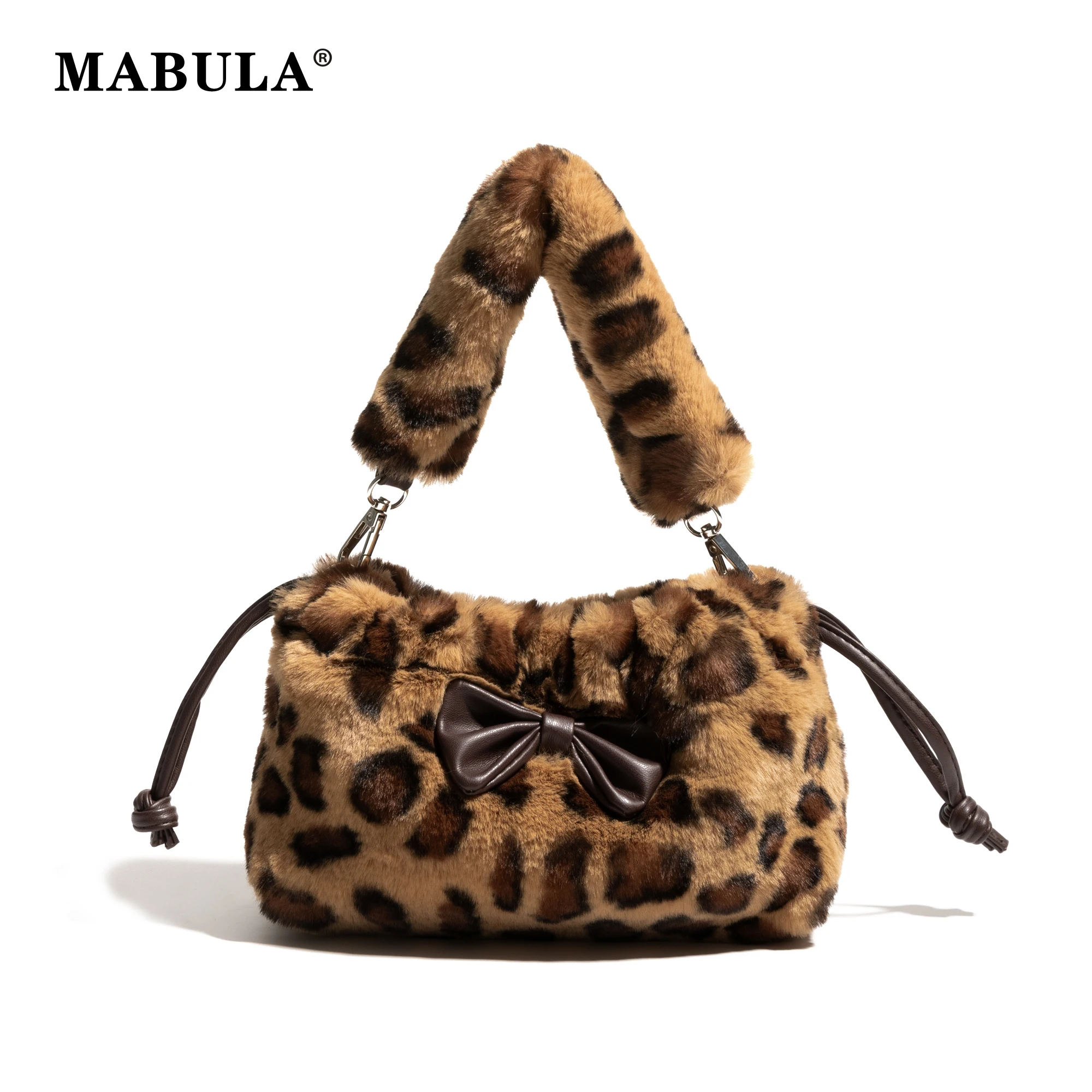 MABULA Women's Handbags Underarm Bags Leopard Plush Shoulder Bags Animal Print Bag Female Bowknot String Bag Crossbody Bags