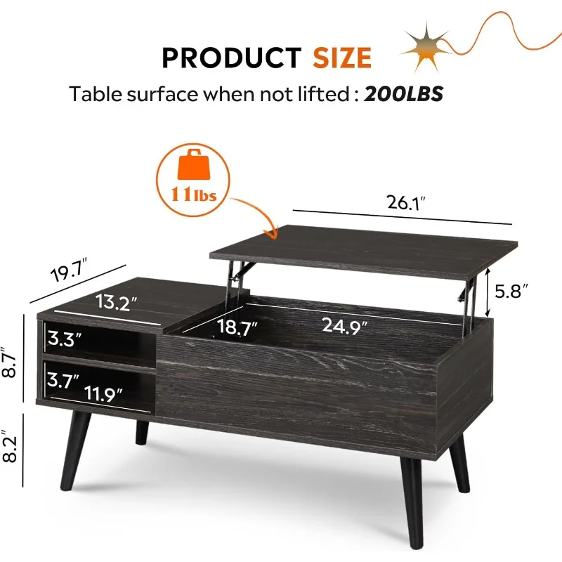 Wood Lift Top Coffee Table with Hidden Compartment and Adjustable Storage Shelf, Lift Tabletop Dining Table for Home Living