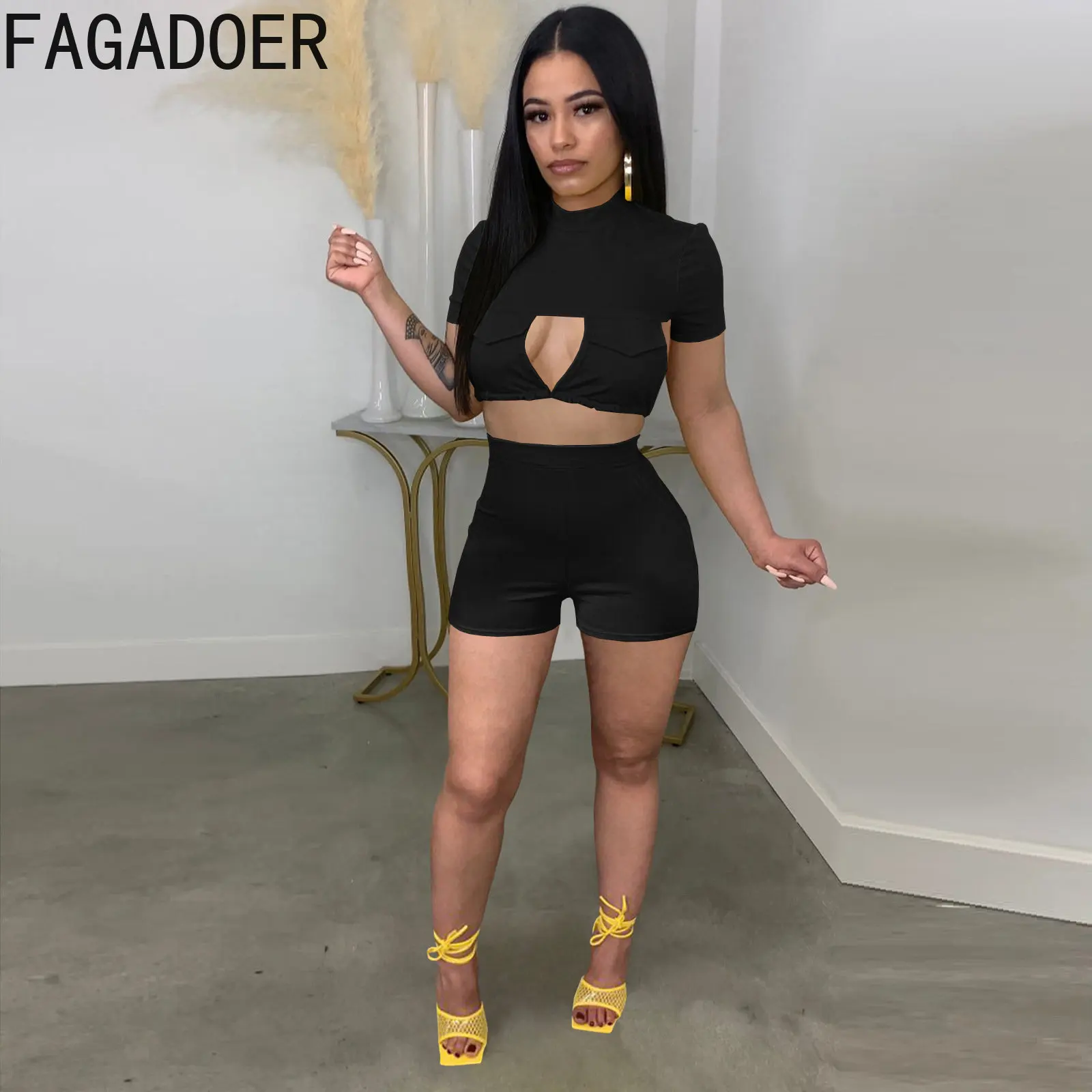 FAGADOER Black Sexy Hollow Backless Lace Up Two Piece Sets Women Round Neck Crop Top+Shorts Outfits Summer Solid Nightclub Wear