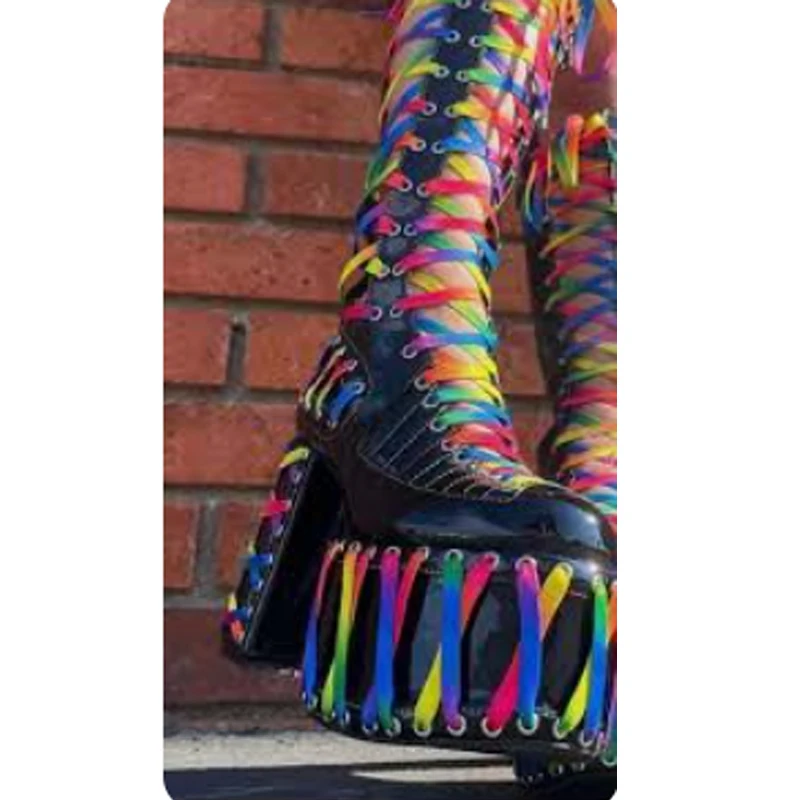 

Rainbow Shoelace Side Zipper Round Toe Platform Thick Heel Knee-High Boots Woman Winter 2025 Abby Rock Dark Black Long Boots