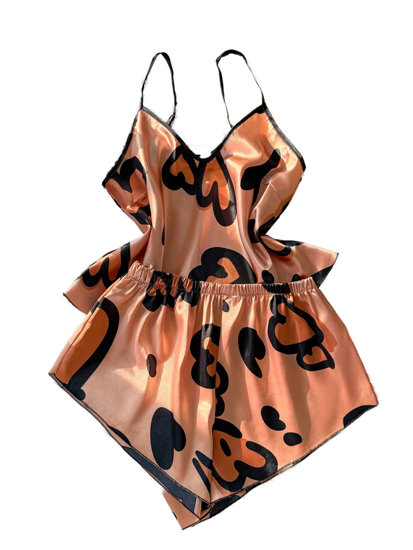 Trendiges Pyjama-Set mit Herz-Print für Damen, Spaghettiträger, 2-teilig, modische Schlafanzüge, auffälliges Loungewear-Set – Detail 7