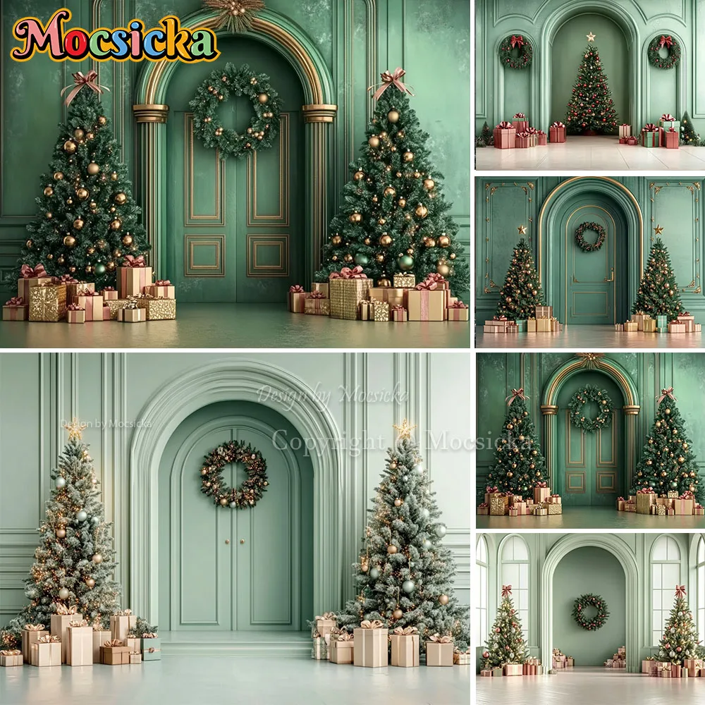 Mocsicka elegante verde puerta de Navidad fondo fotografía brillo árbol de Navidad regalo telón de fondo invierno retrato familiar estudio fotográfico