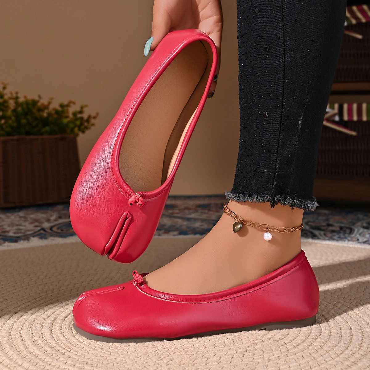 Damen-Schuhe, bequeme Leder-Flats, gespaltene Zehenpartie, Loafer, Mary-Jean-Schuhe, Ballerinas für Damen – Detail 8