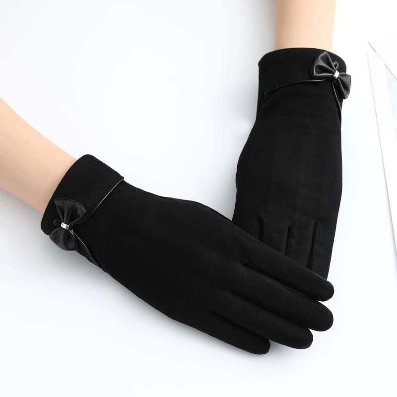 New Women Keep Warm Touch Screen Plus Plush Inside Thicken Windproof Cycling Cute Lovely Bowknot Elegant Elasticity Soft Gloves