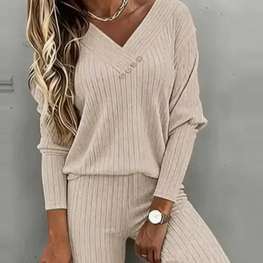 Women's 2 Pieces Outfit Button Decor V-Neck Long Sleeve Top & Elastic Waist Straight Leg Pants Set Female Casual Ribbed Set