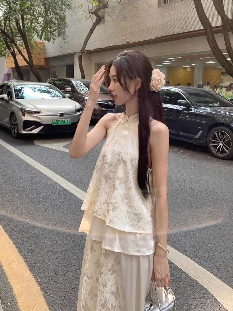 

Элегантное модное длинное платье для женщин, летний новый комплект из двух предметов с эффектом похудения, премиум-класса, с дизайном на завязках на шее, для дам