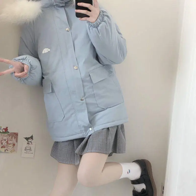 Jaket empuk katun Cinnamoroll lucu pakaian katun tebal musim dingin wanita jaket bantalan roti siswa perempuan gaya Korea hangat