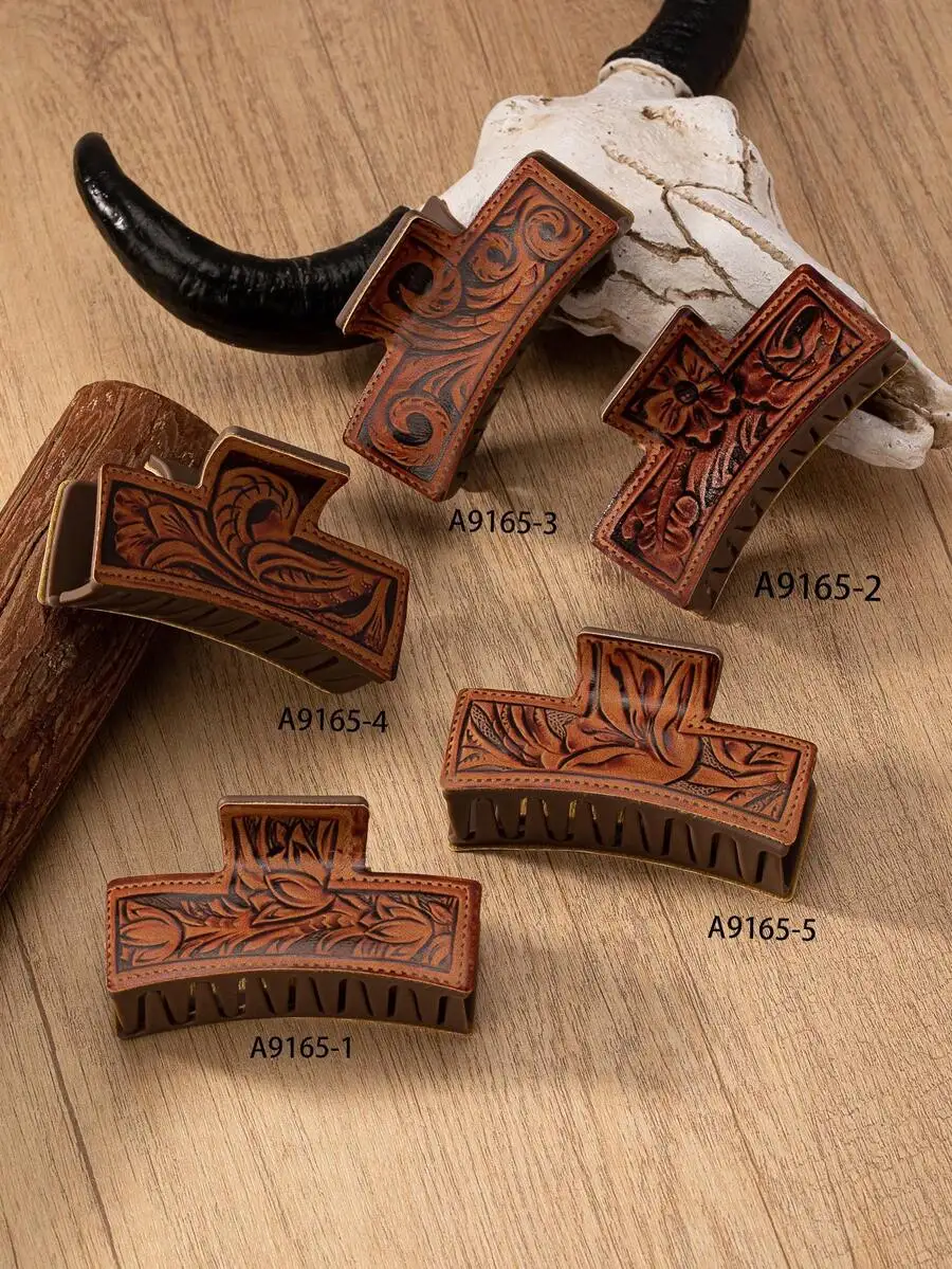 

PU Leather Floral Embossed Hair Claw Clip Cowgirl Style Barrette For Women