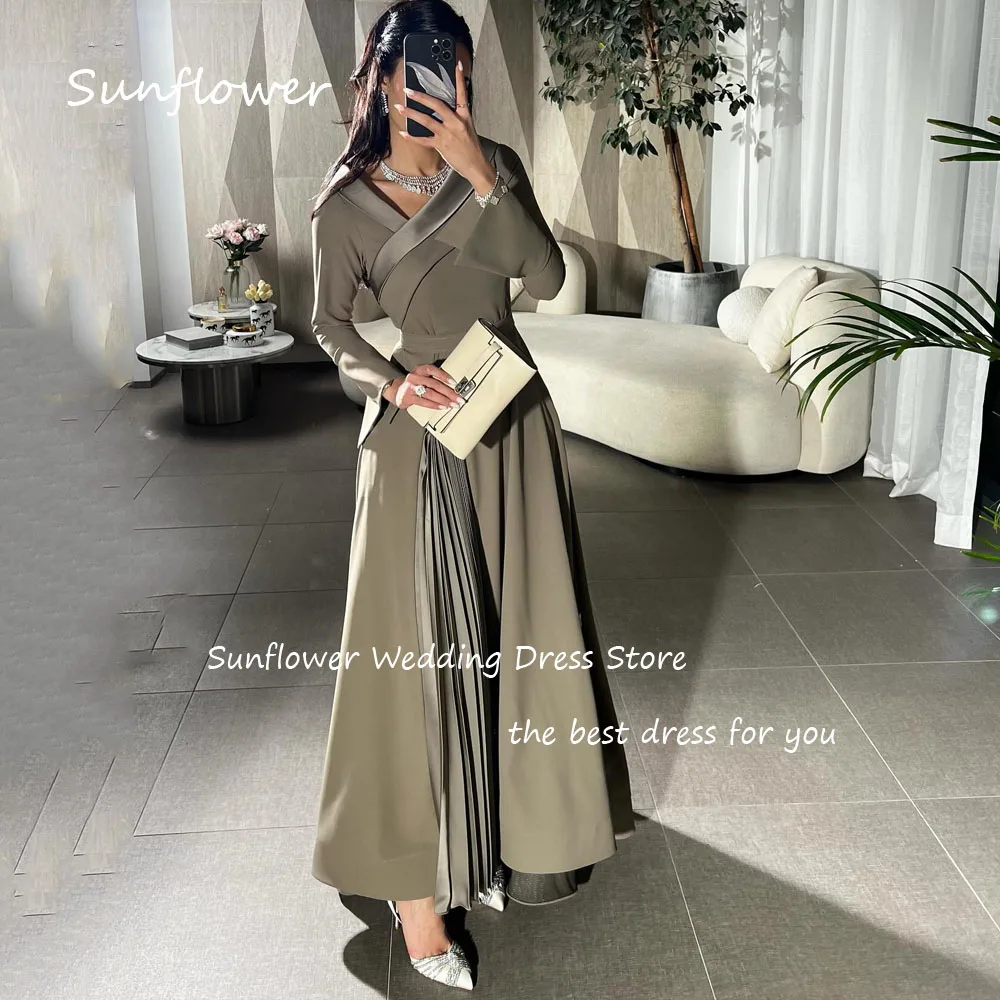 Sunflower Simple V-Neck Pleat A-LINE Formal Evening Dress Saudi Arabia 2024 Slim Crepe Ankle-Length Prom Dress