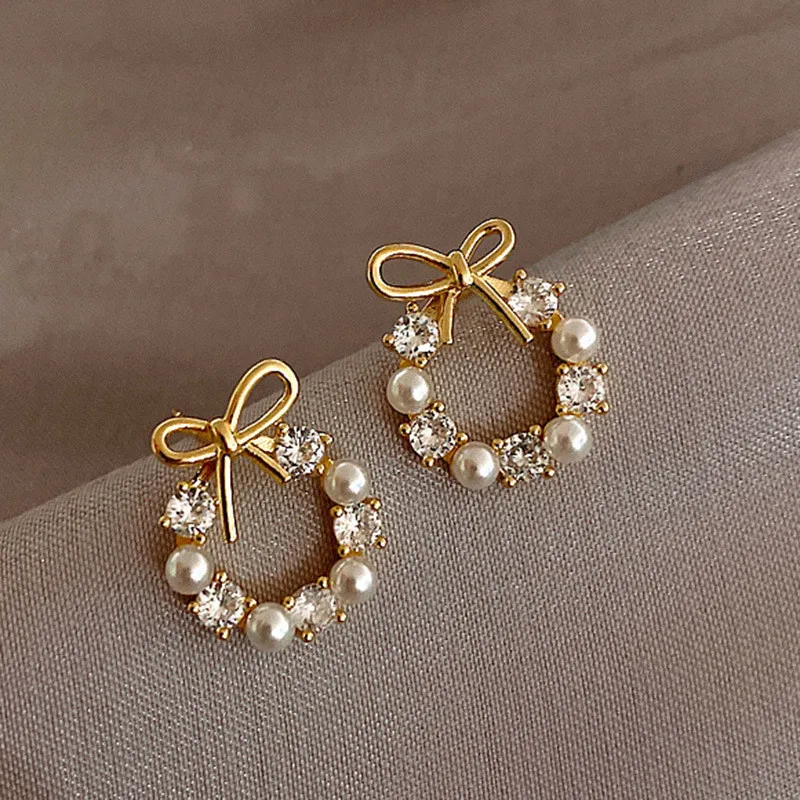 Fashion Gold Plated Pearl Crystal Bowknot Stud Earrings For Women Girls Party Jewelry Gifts e245