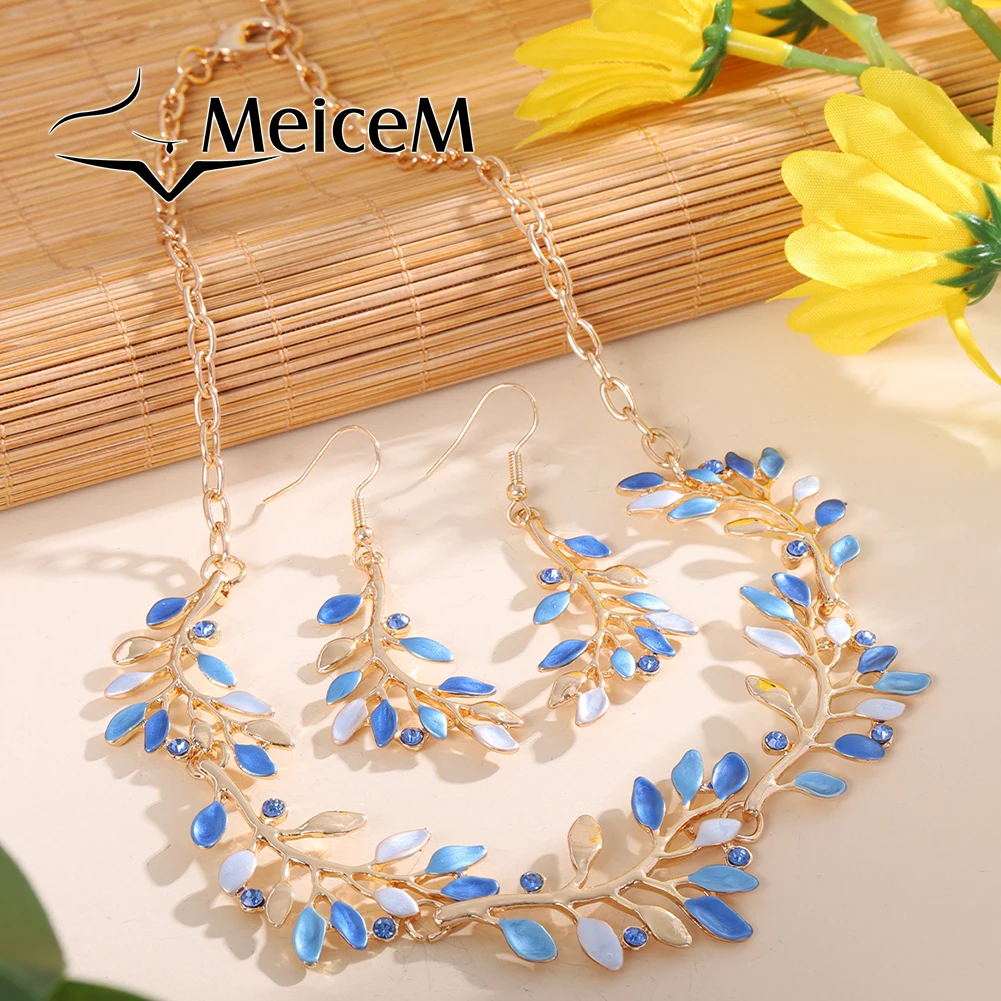 

Blue Enamel Jewelry Set Twig leaves Simple Fashion Design Necklace Earrings Ladies Party Elegant Temperament Accessories