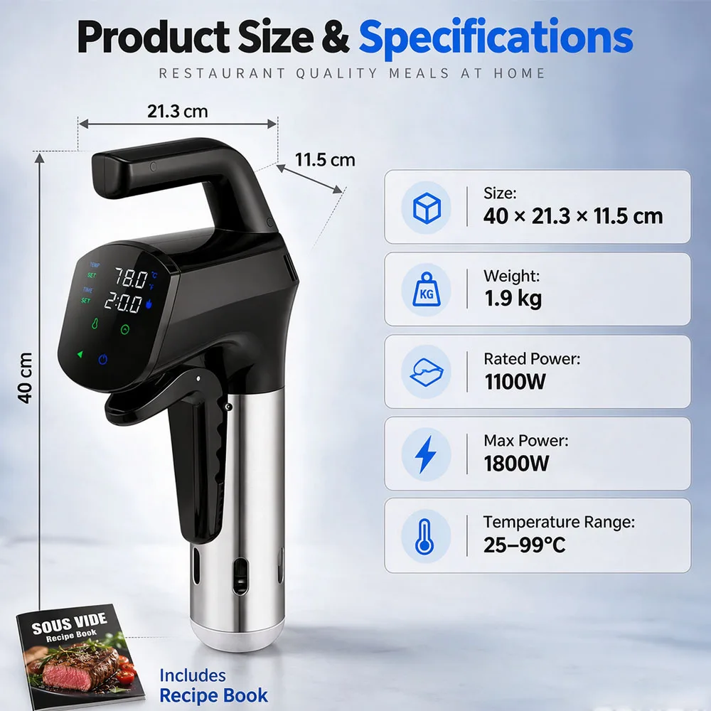 WiFi Sous Vide Cooker 1800W Immersion Circulator IPX7 Waterproof Precision Cooker 25-99°C Smart App Control Slow Cooking Machine