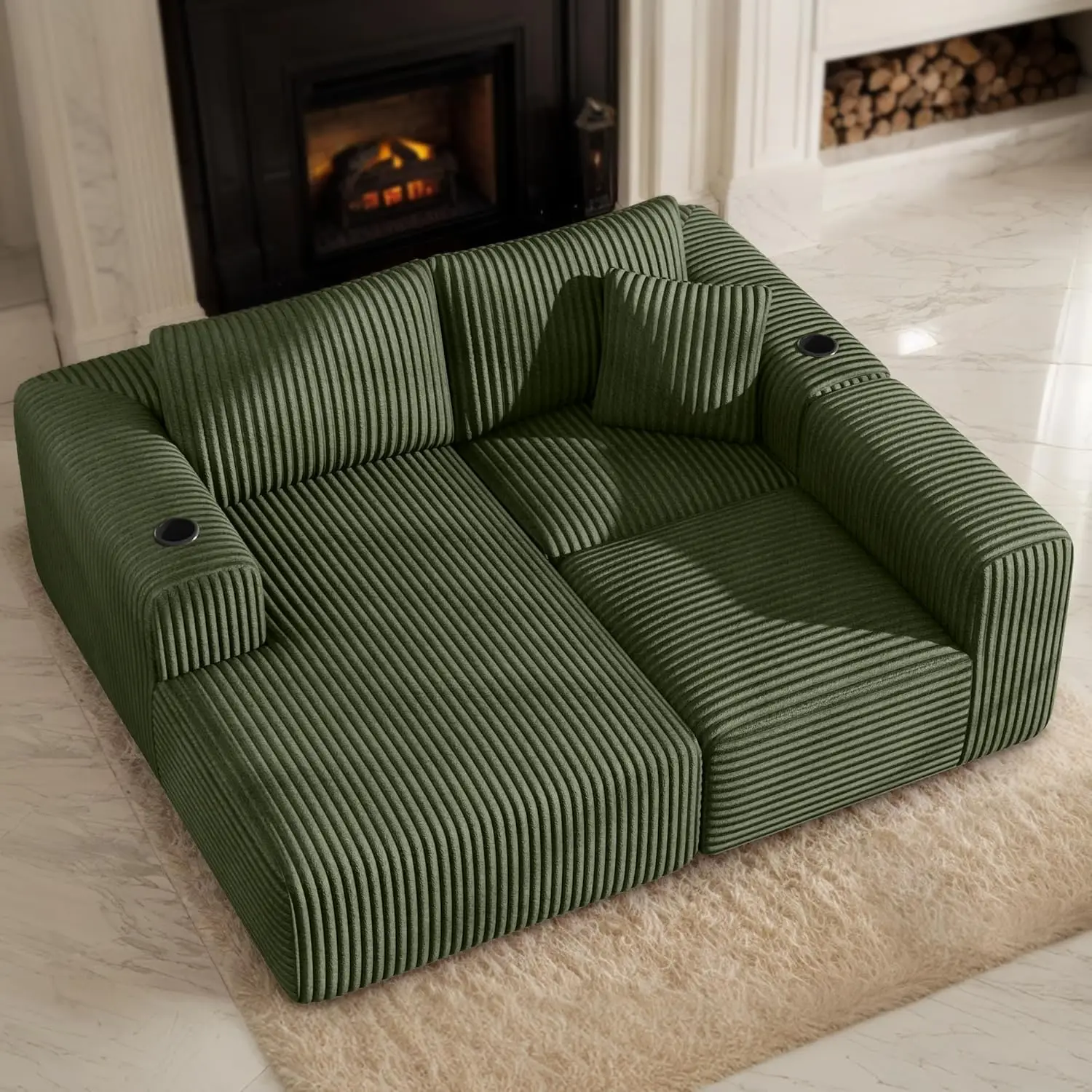 #Modular Sectional Sofa Deep Seat Convertible Bed Cup Holder Memory Foam Corduroy Living Room