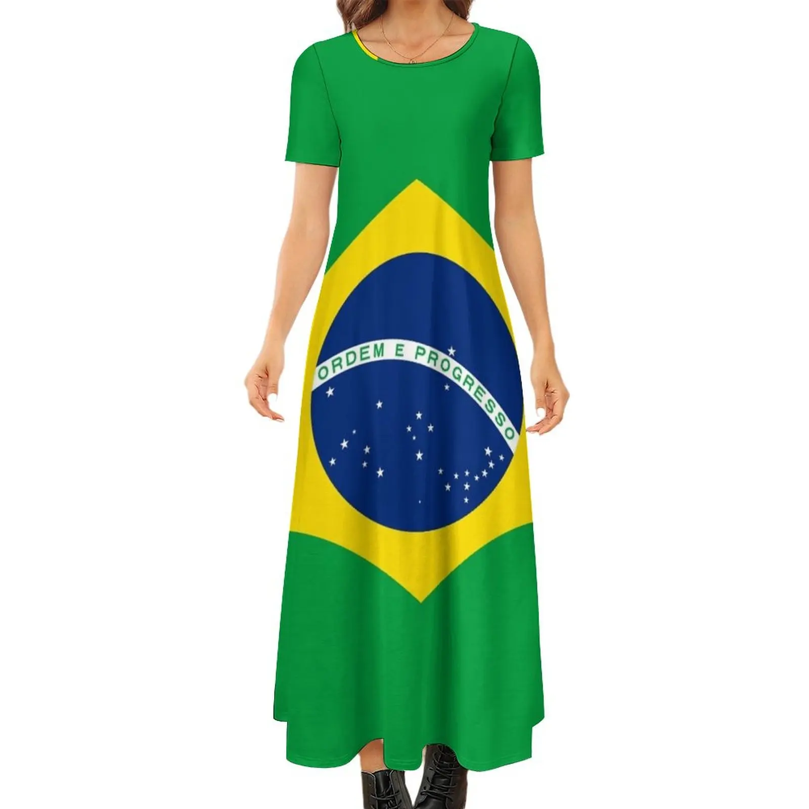 

Flag of Brazil Round Neck Short Sleeve Dress Dress woman prom clothes