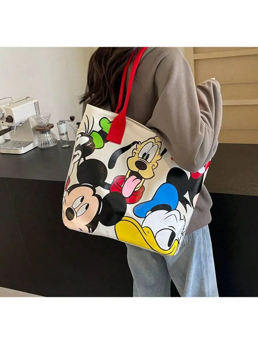 디즈니 미키 마우스 캔버스 보관 가방, 지퍼가 달린 대용량 토트 핸드백, 쇼핑 및 일상 사용에 적합