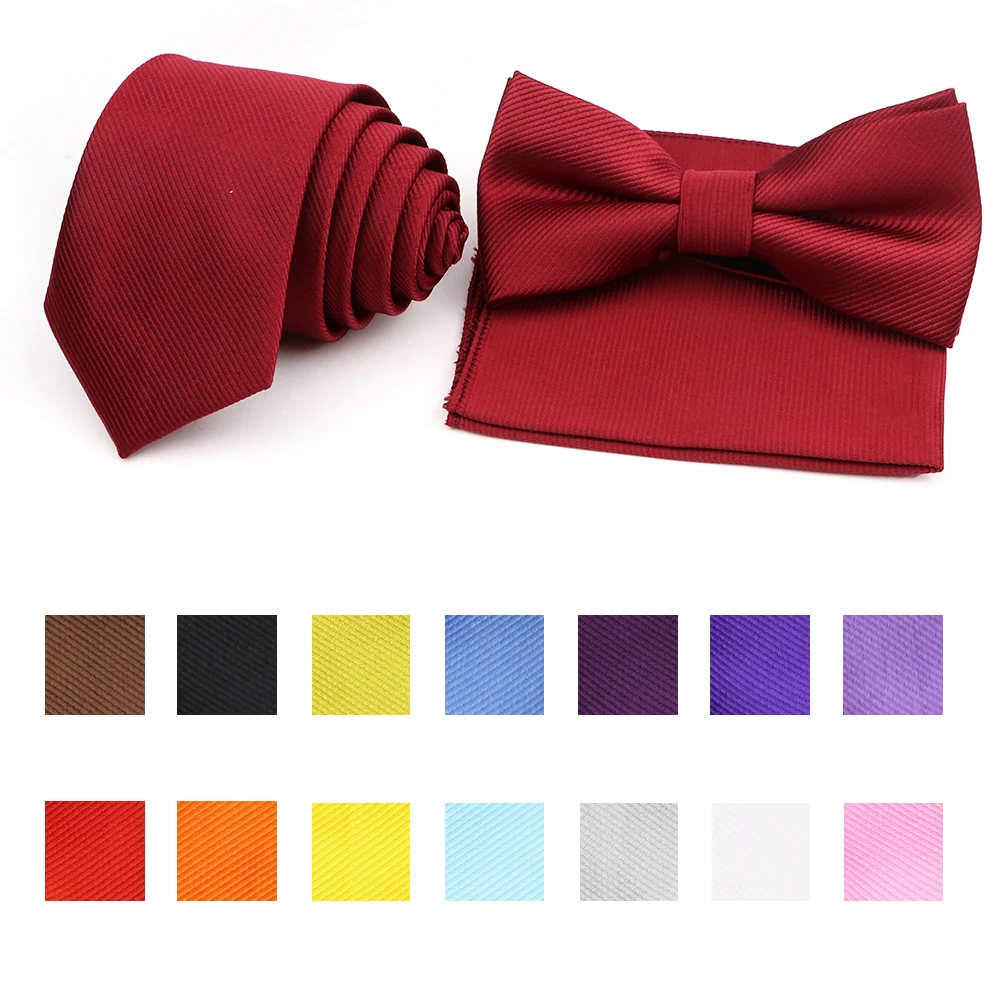 

Classical Solid Color Striped Tie Set Polyester Bowtie Handkerchief For Men's Business Wedding Party Suit Dress Accessories Gift