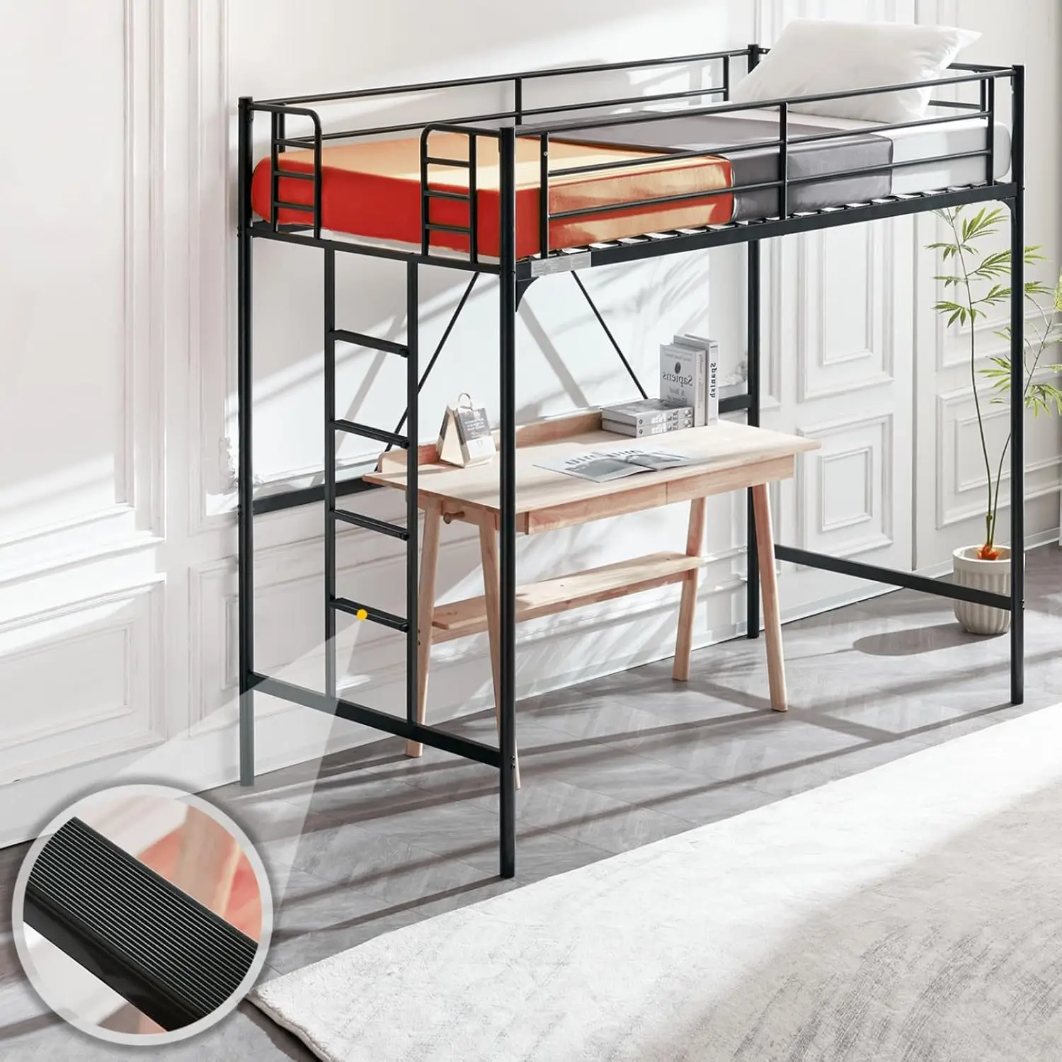 Metal Loft Bed with Stairs & Flat Rung Full Size Junior High Bed for Kids Teens Adults No Box Spring Black, Customized
