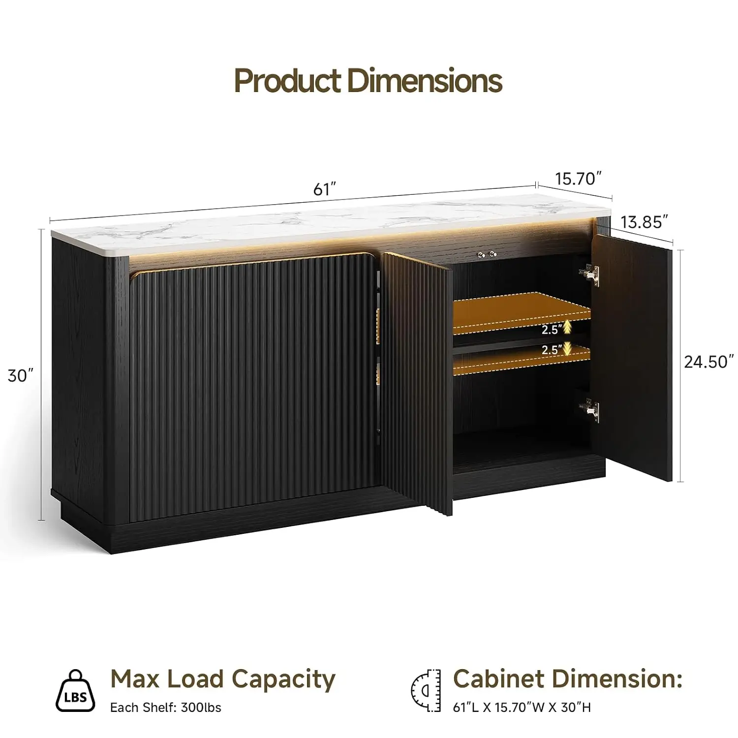 Fluted Sideboard with Faux Marble Top & LED Light, 61 Inch Black Storage Cabinet for Dining Room, Customized