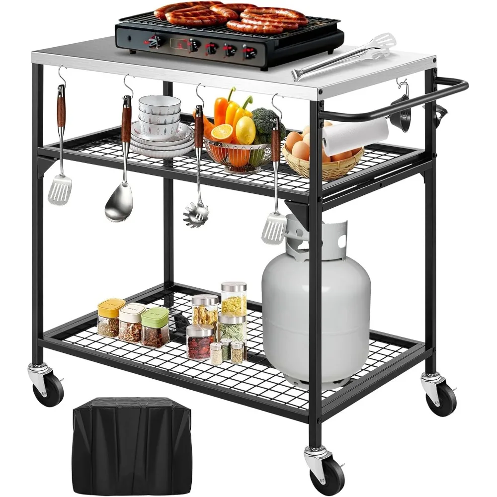 

Shelf Outdoor Grill Table, Pizza Oven Tables with Waterproof Cover, Movable Dining Cart, Trolley Table with Wheels, Outdoor Kitc
