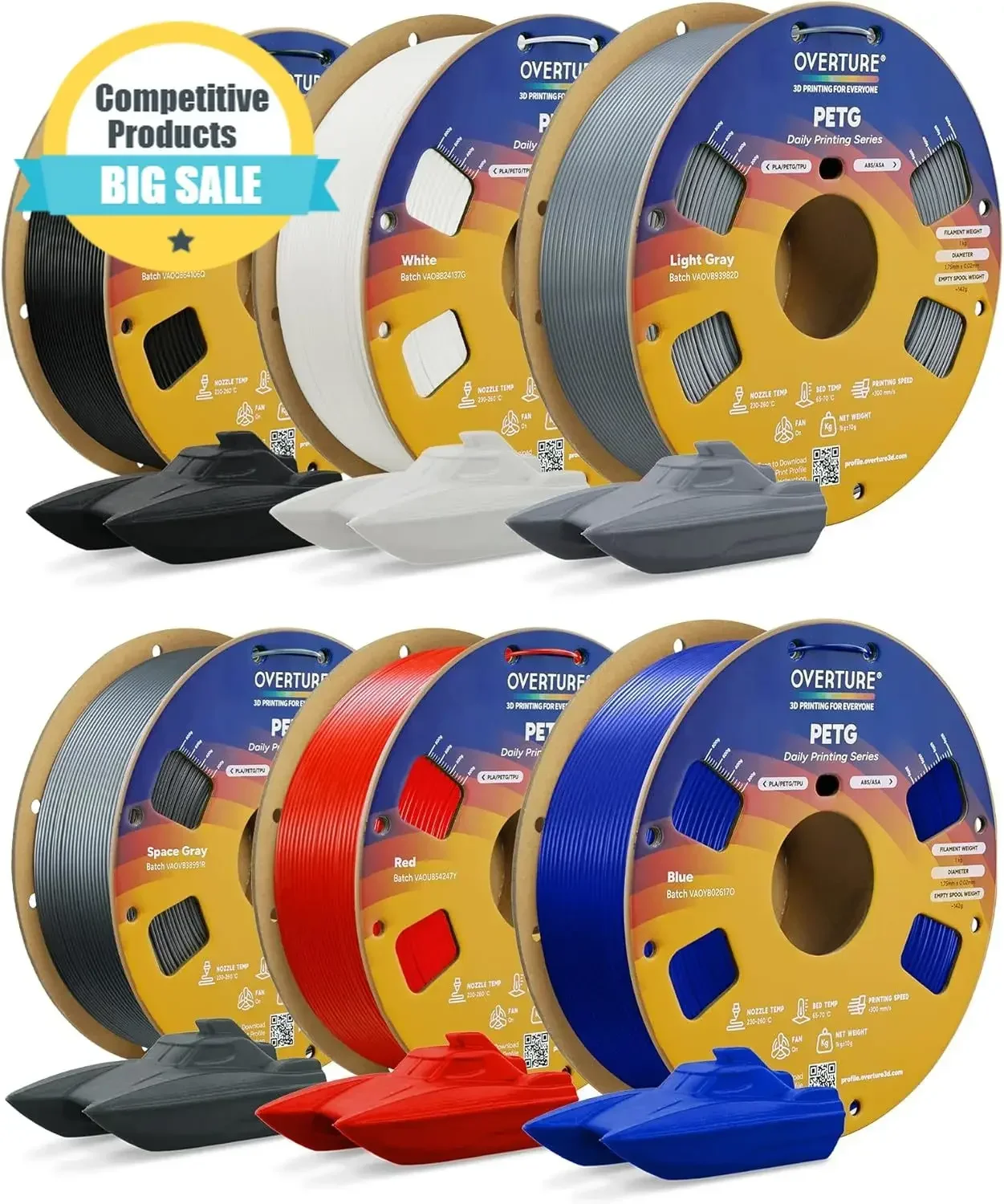 PETG Filament 1.75mm Bundle 6kg, High Speed 3D Printer Filament, Neatly Wound & Clog-Free, 6 Pack 1kg(2.2lbs), Accuracy +/- 0.02