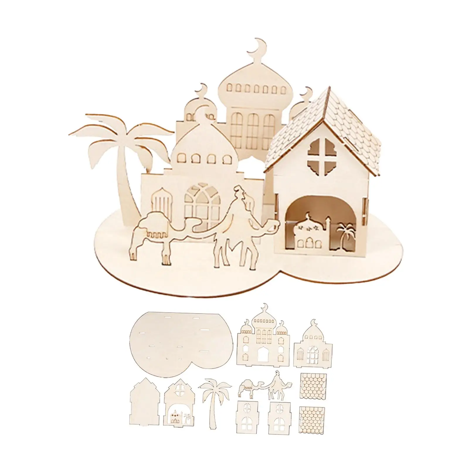 Eid Mubarak Wooden Ornament 3D Castle Puzzle for Islamic Muslim Home Room