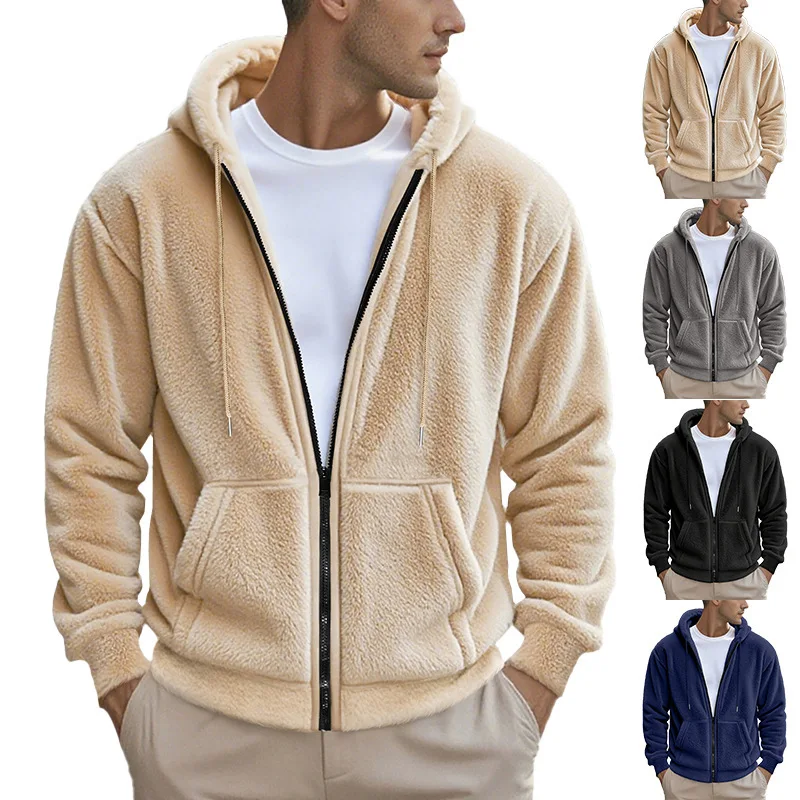 Sherpa Fleece Hooded Jacket Full Zip with Pockets Warm Outerwear for Men Winter Daily Wear Outdoor