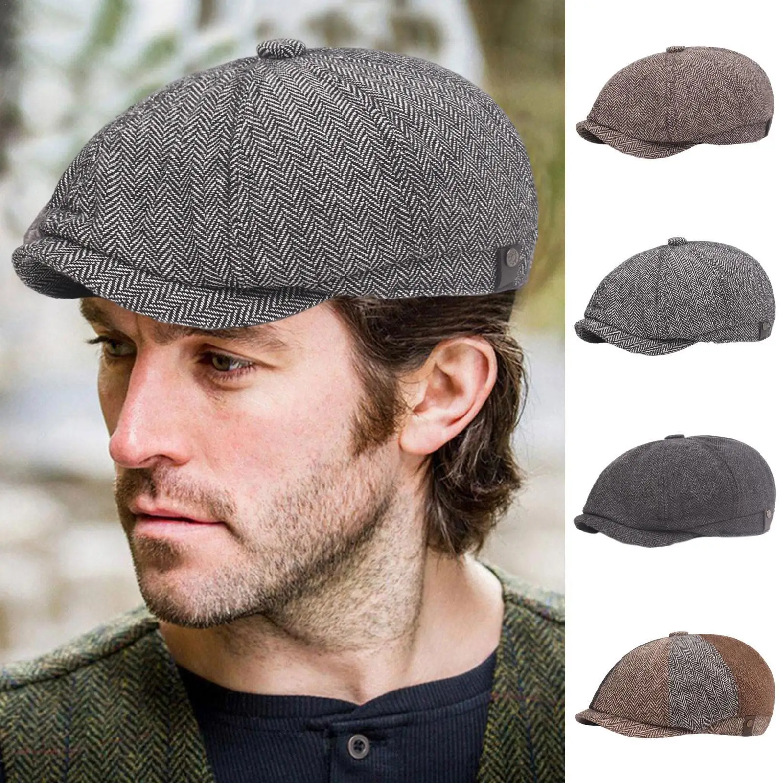 

Newsboy Hat Men Beret Dark Grey Celebrity Caps Vintage Tweed Berets Flat Peaked Street Hats Men Casual Caps