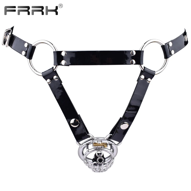 FRRK Bird Unescapable Chastity Cage with Shiny PU Harness Belt Stainless Steel Penis Rings Metal BDSM Adult Toys Sex Shop