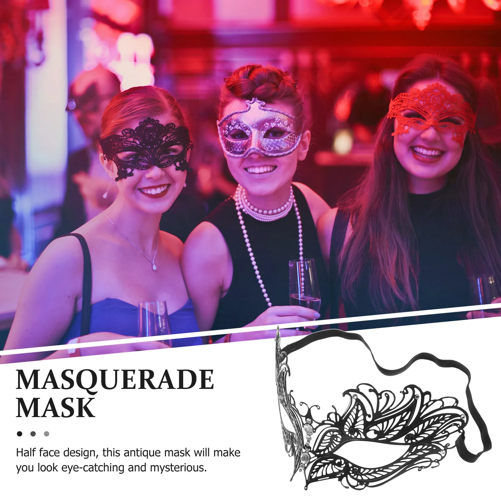 ハーフフェイスブラックアイマスク、仮面舞踏会コスチューム、ハロウィン小道具、コスプレメタルマスク、女性/恋人向け