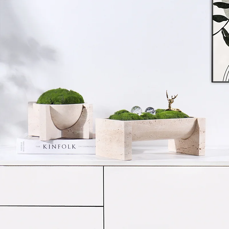 

Natural Marble Stone Flower Pots Vintage Travertine Tablescape Succulent Aloe Vera Potted Grass Planter Hotel Home Decor