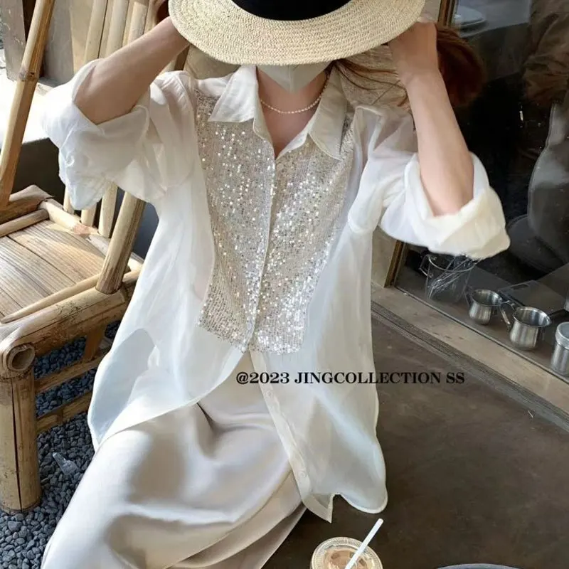 Blusa holgada de un solo pecho para mujer, camisa de oficina de Color sólido con lentejuelas a la moda, cuello de Polo coreano, elegante, primavera