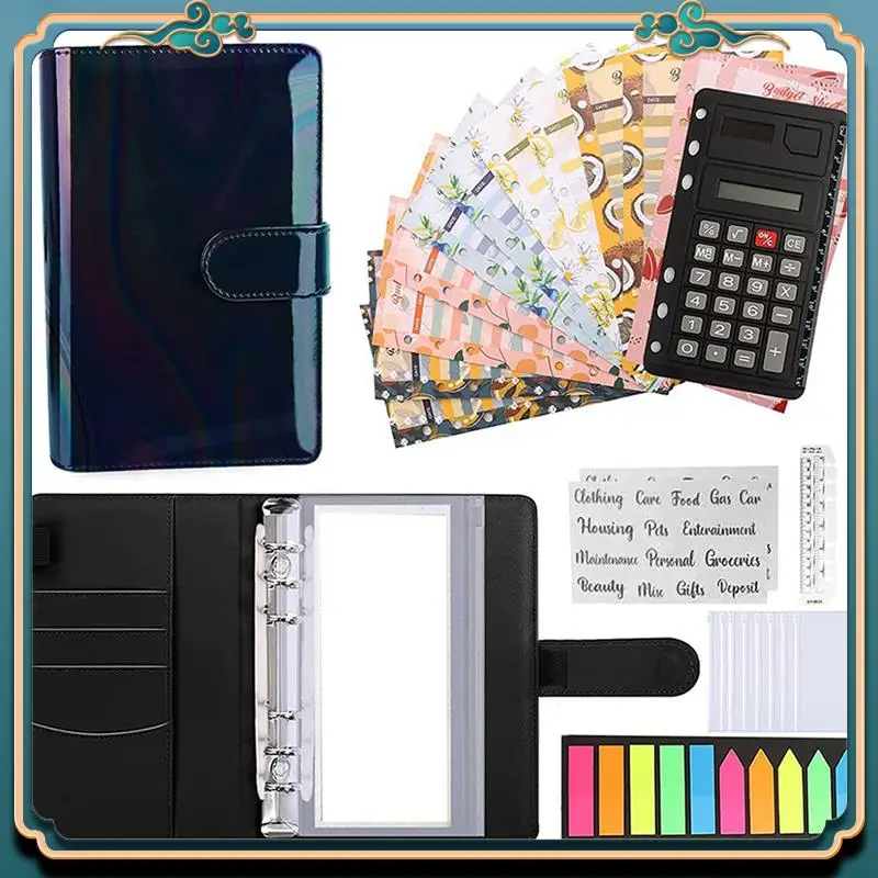 (신규)-A6 예산 바인더, 지퍼 봉투, 계산기 및 카드 포함, 현금 충전 봉투 바인더용 PU 돈 절약 주최자