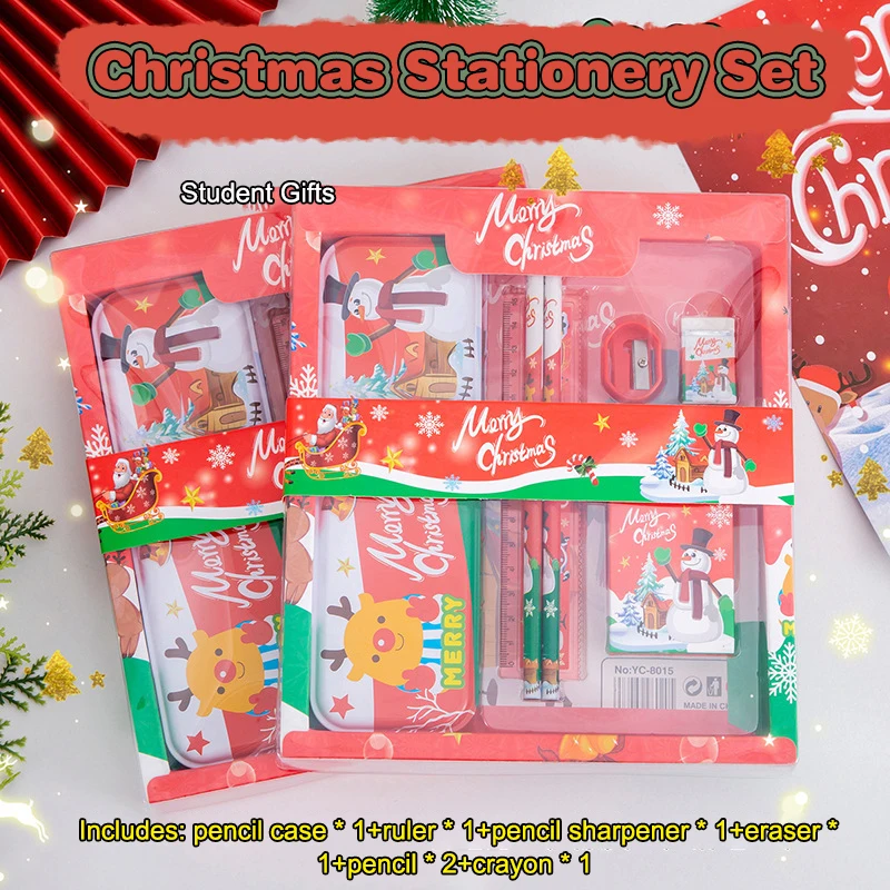 7Pcs Christmas Stationery Set Cartoon Cute Pencil Eraser Ruler Sharpener Set Creative Kindergarten Prizes School Supplies Gifts