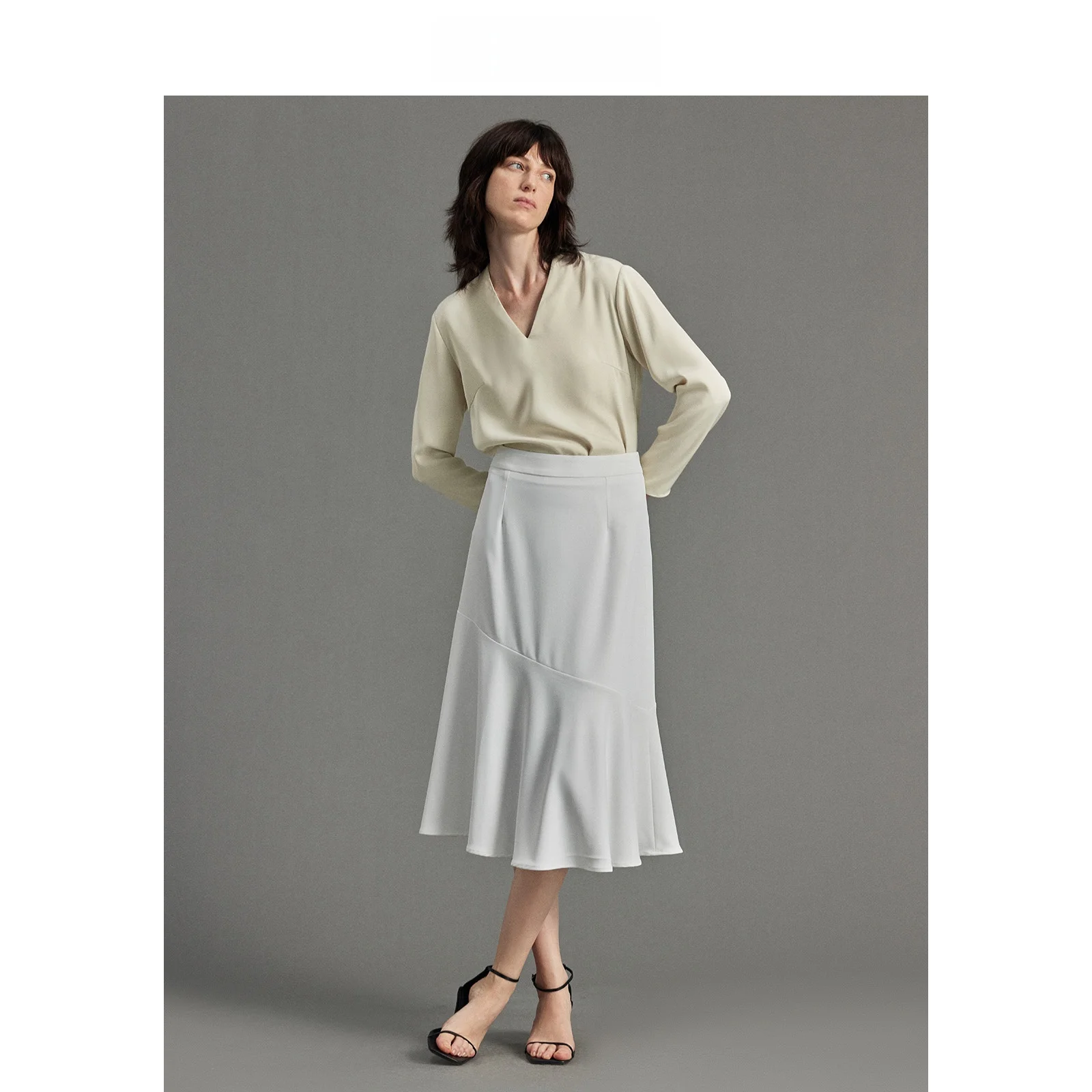 

LeLenth Business Casual Long Sleeve V-Neck Women's Shirt Pure Color Drapey Inner Wear with Half Skirt Two-Piece Set