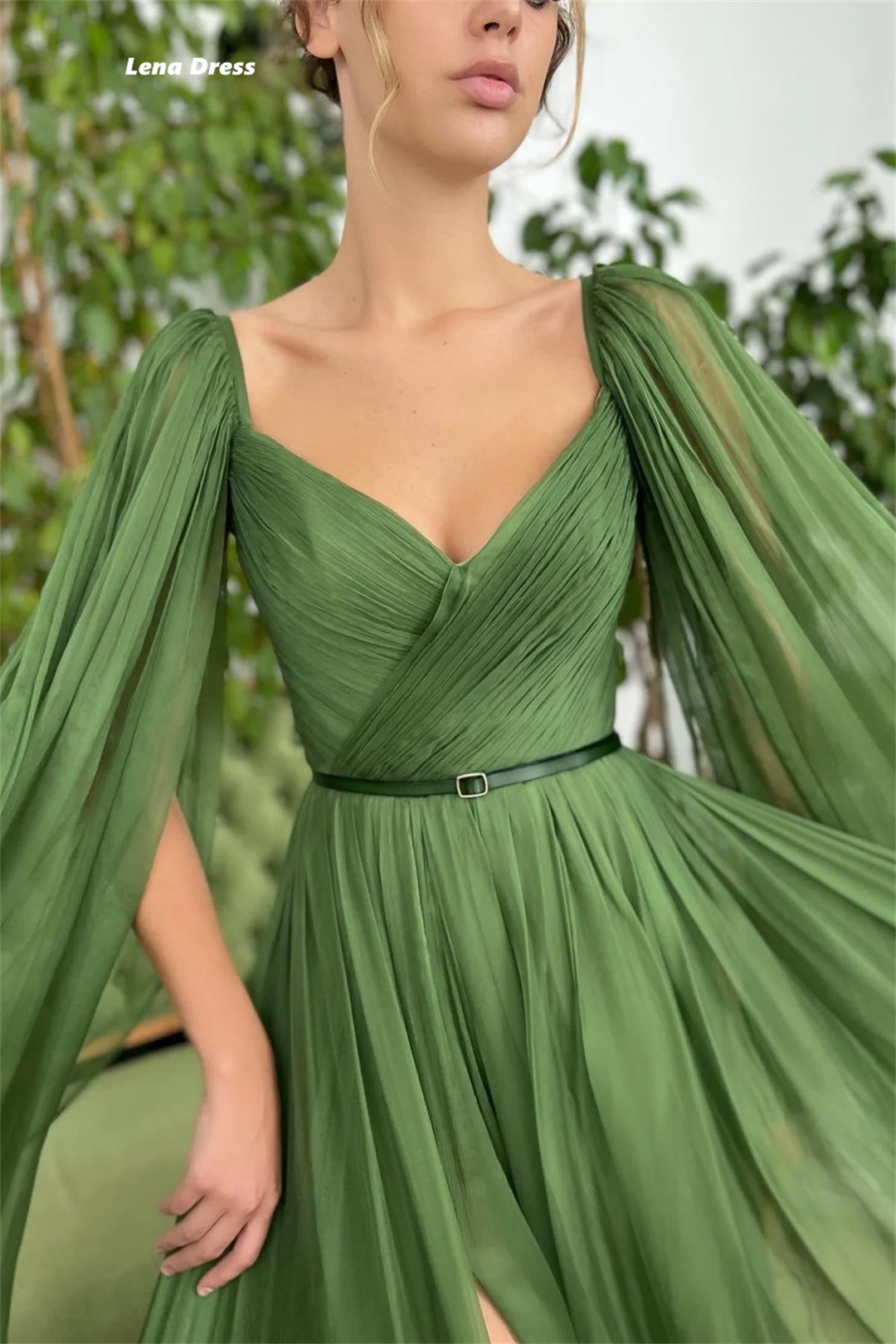 Lena Long Skirt Gala Dress Woman Chiffon Dresses for Special Events Green Luxurious Women's Evening Dresses Line A Shawl Party