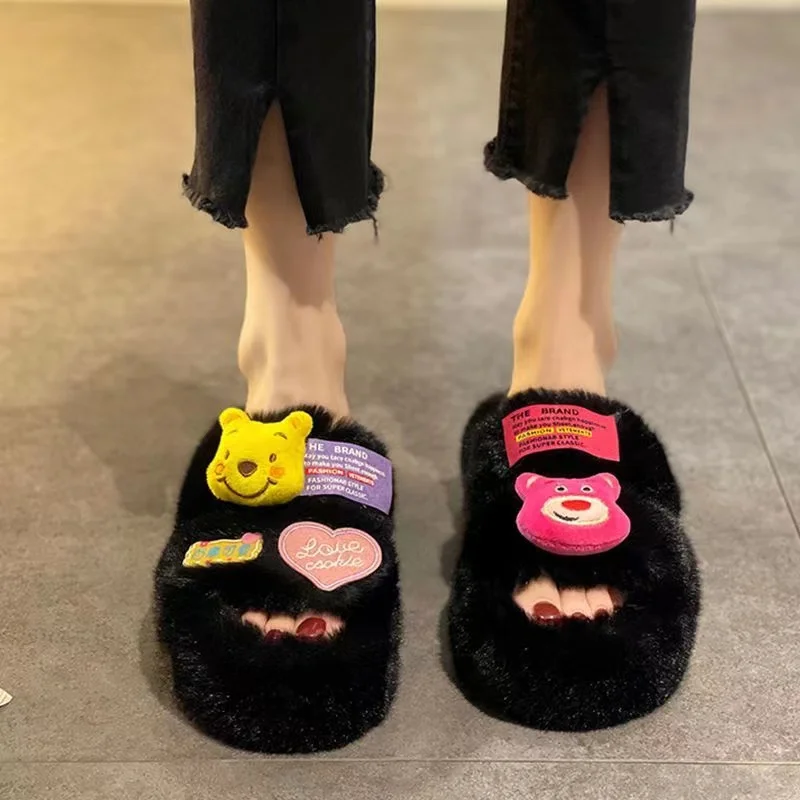 Strawberry Bear Lotso New Women's Fashion Cute Cartoon Wool Slippers Wear Winter Thick Bottom Home Cotton Slippers in Autumn