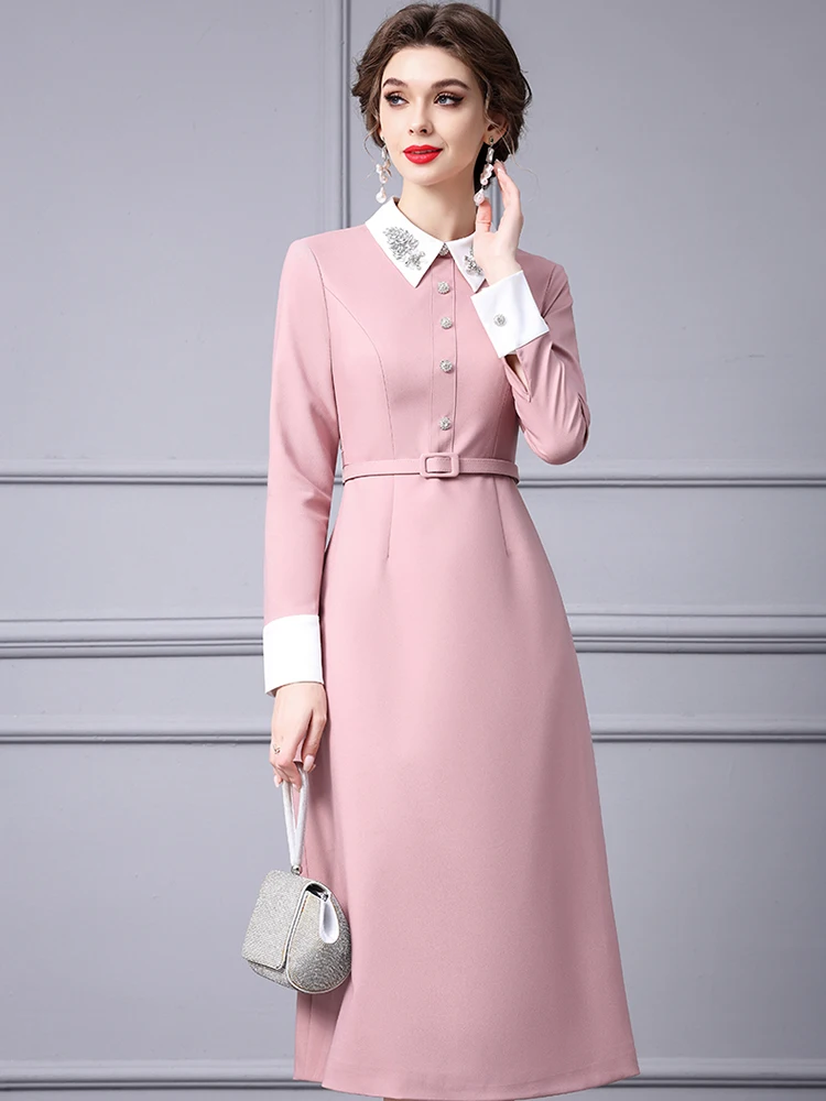 ZJYT Diamonds Collar Color Block Pink Dress Women 2024 Fashion Spring Long Sleeve Simple Dresses Elegant Office Party Vestidos