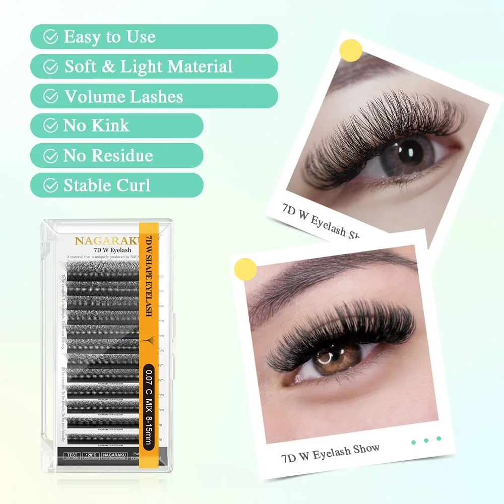 NAGARAKU 7D W Shape Natural Soft Light Hand Woven Fans Automatic Flower Eyelash Extensions Premade Fans Dense Matte Finish