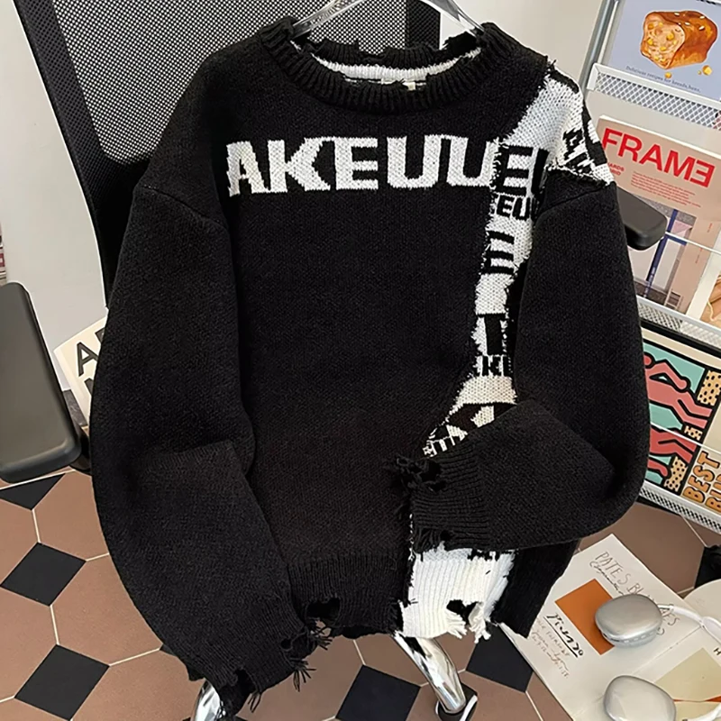 

Autumn Winter Letter Design Hole Men's Sweater Knitwear Vintage Color Block Christmas Sweater Male Pullover Hip-Hop Streetwear