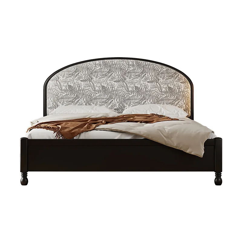 

Двуспальная главная спальня, американская кровать, черный свет, роскошная минималистичная мебель, мягкая сумка из цельного дерева, средняя древняя кровать