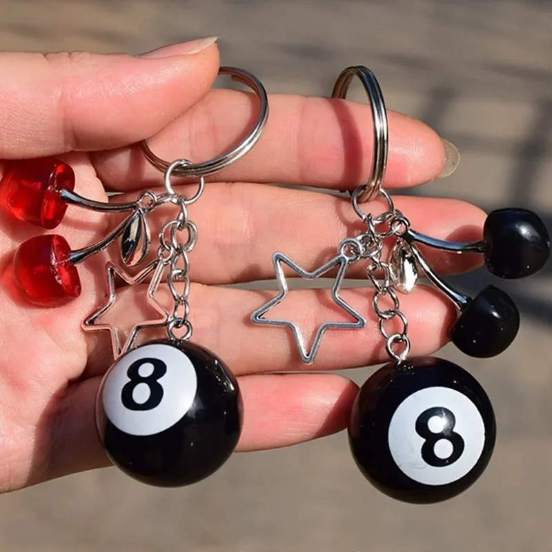 Creative 8 Ball Fruit Cherry Star Keychain Kawaii for Women Y2K Handmade Key Strap Wallet Keyrings Bag Pendant Accessories