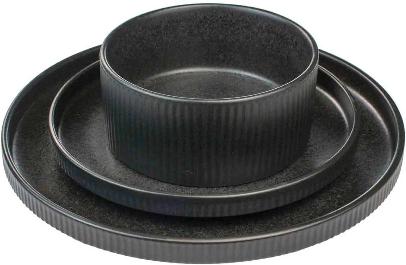Anderson Black 12-Piece Stoneware Dinnerware Set – Service for 4, Modern Design with Textured Ridges, Exquisite Reactive Glaze,