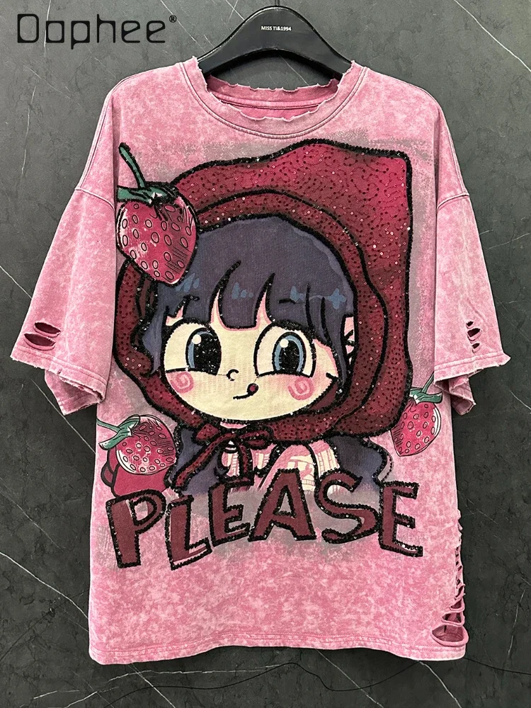 

Hole Design Cartoon Strawberry Little Girl Sweet Loose Short-sleeved T-shirt Women's Mid Length Half-sleeved Round Neck Top