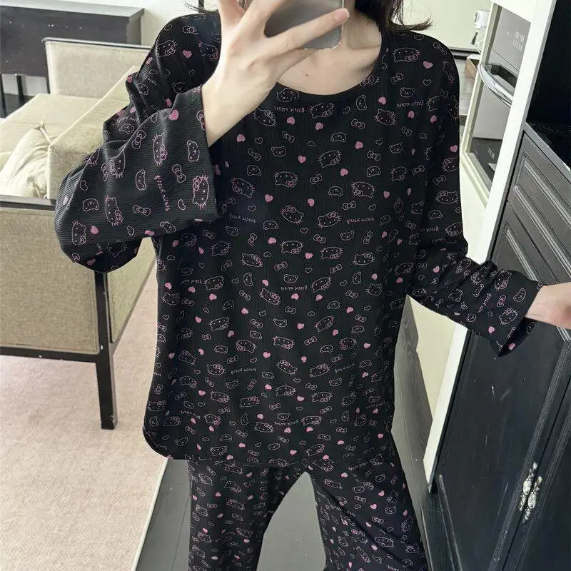 

Женский пижамный комплект Sanrio Hello Kitty из модала, домашняя одежда для студенток, со встроенным бюстгальтером, с длинными рукавами и брюками, для осени, зимы и весны